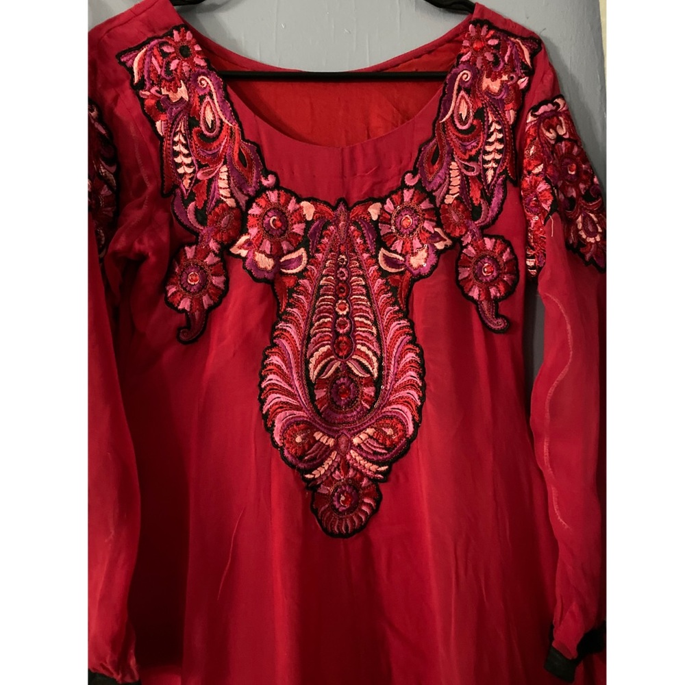 Red and Gray Embroidered Ruffled Anarkali - Picture 4 of 4